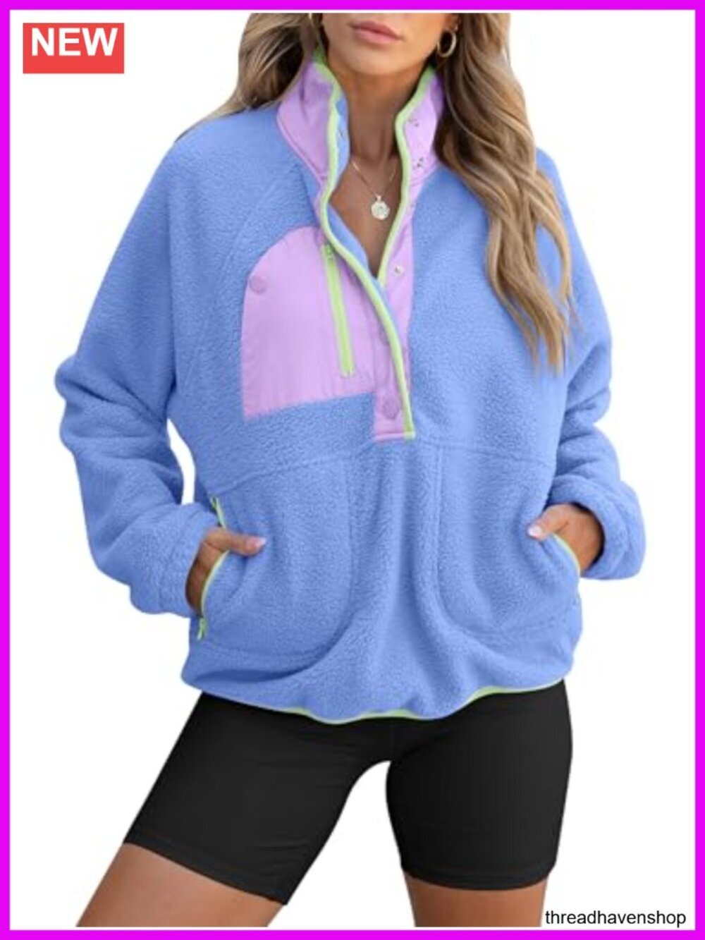 Women Fuzzy Fleece Pullover Sherpa Jacket with Pockets Button Down